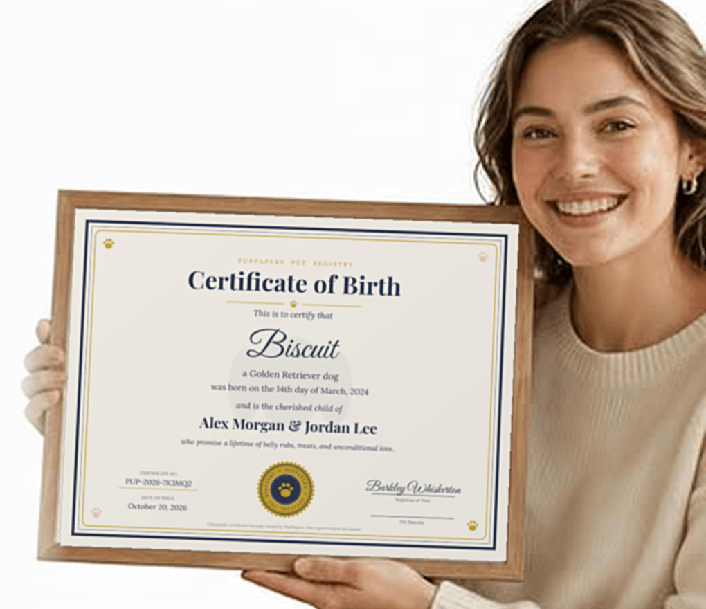 A smiling dog mom holding up a framed pet birth certificate